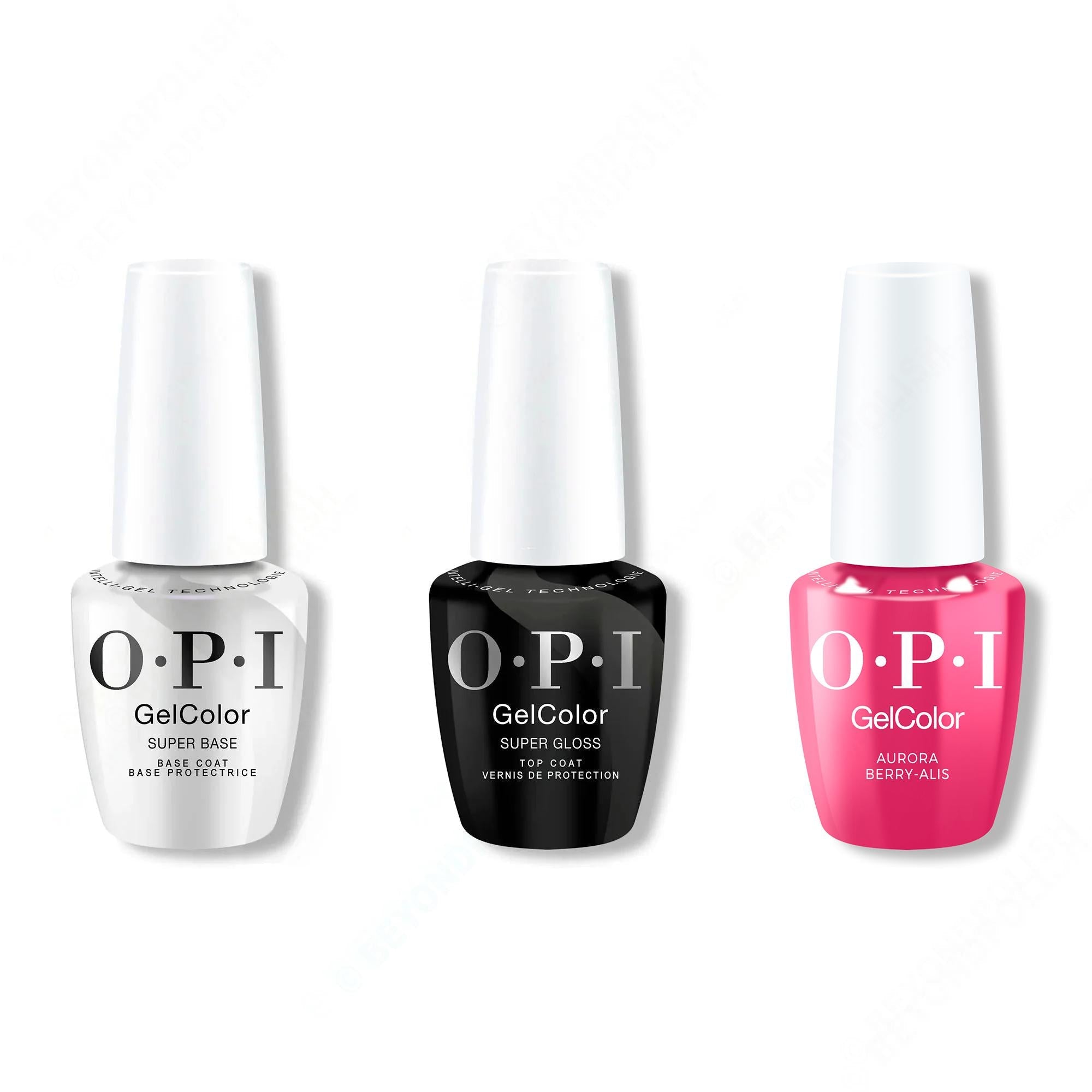 OPI GelColor Intelli-Gel Combo - Super Base Coat, Super Gloss Top Coat & Aurora Berry-Alis 0.5 Oz - Salon Quality