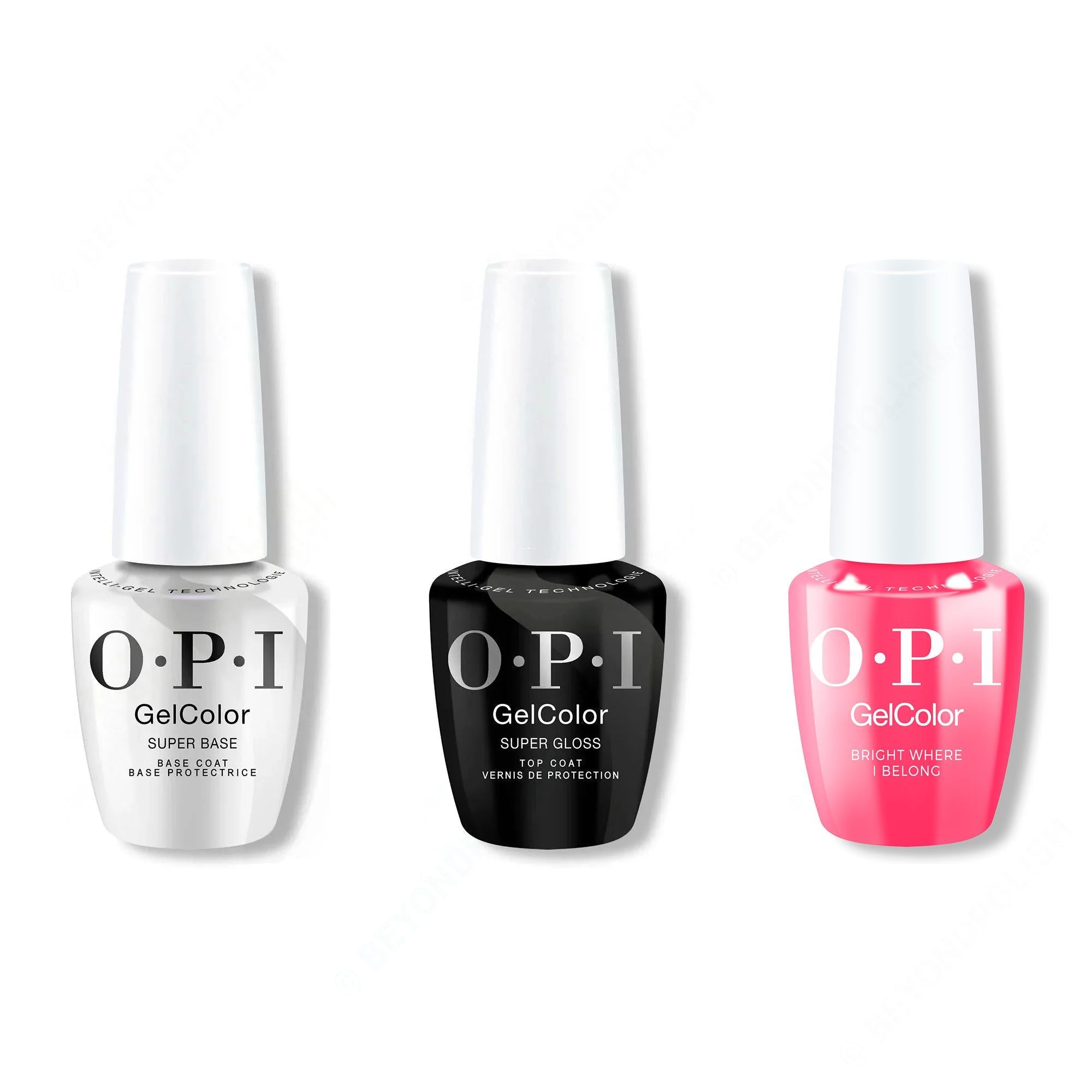 OPI GelColor Intelli-Gel Combo - Super Base Coat, Super Gloss Top Coat & Bright Where I Belong! - Salon Quality