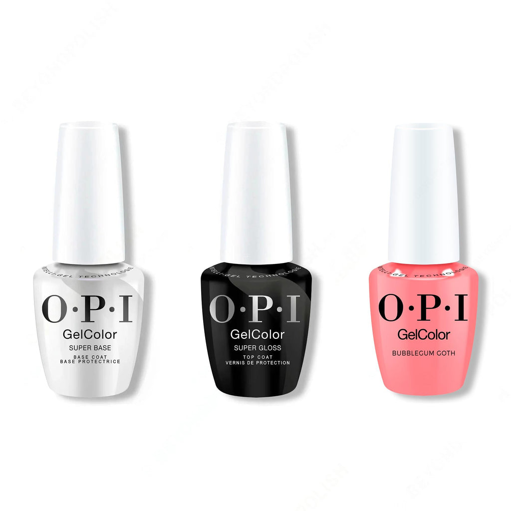 OPI GelColor Intelli-Gel Combo - Super Base Coat, Super Gloss Top Coat & Bubblegum Goth - Salon Quality