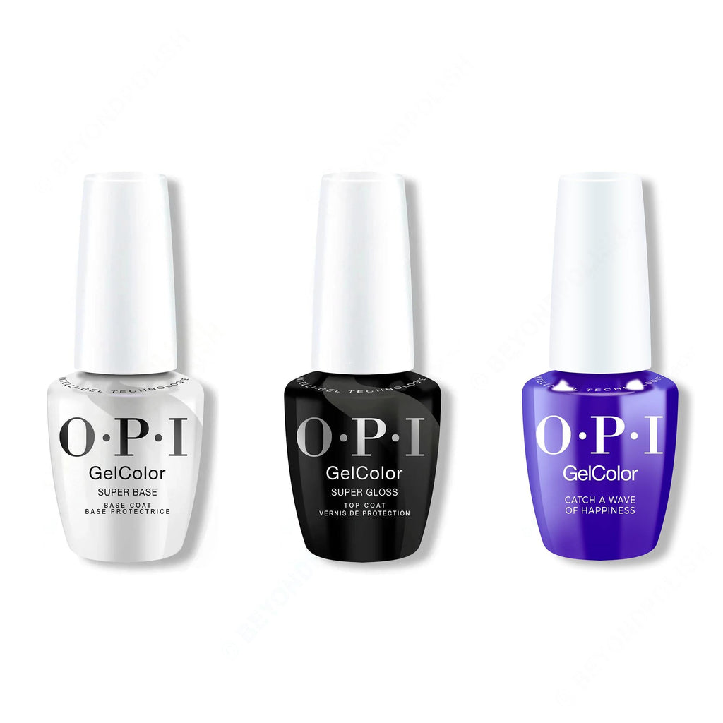 OPI GelColor Intelli-Gel Combo - Super Base Coat, Super Gloss Top Coat & Catch a Wave of Happiness - Salon Quality