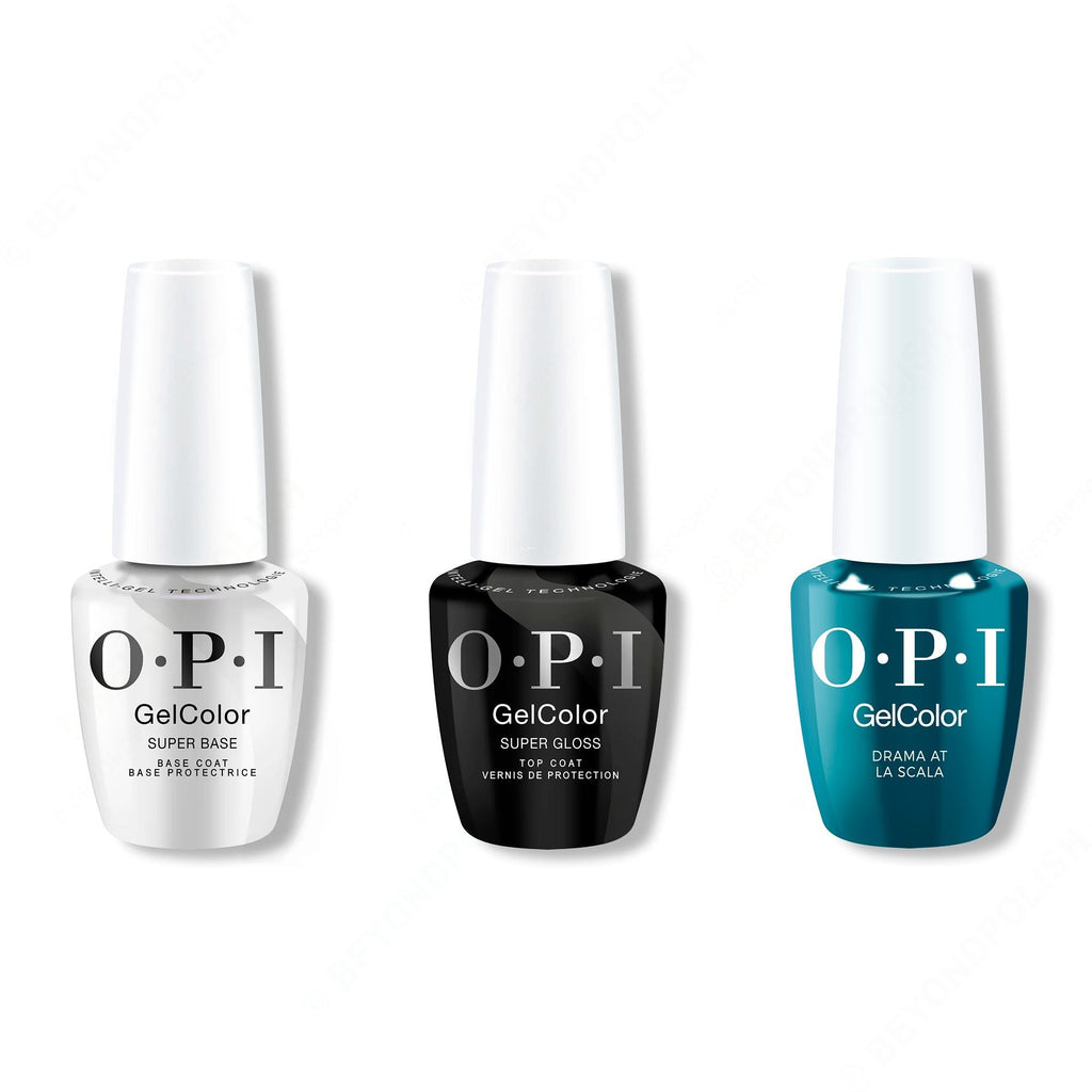 OPI GelColor Intelli-Gel Combo - Super Base Coat, Super Gloss Top Coat & Drama at La Scala - Salon Quality