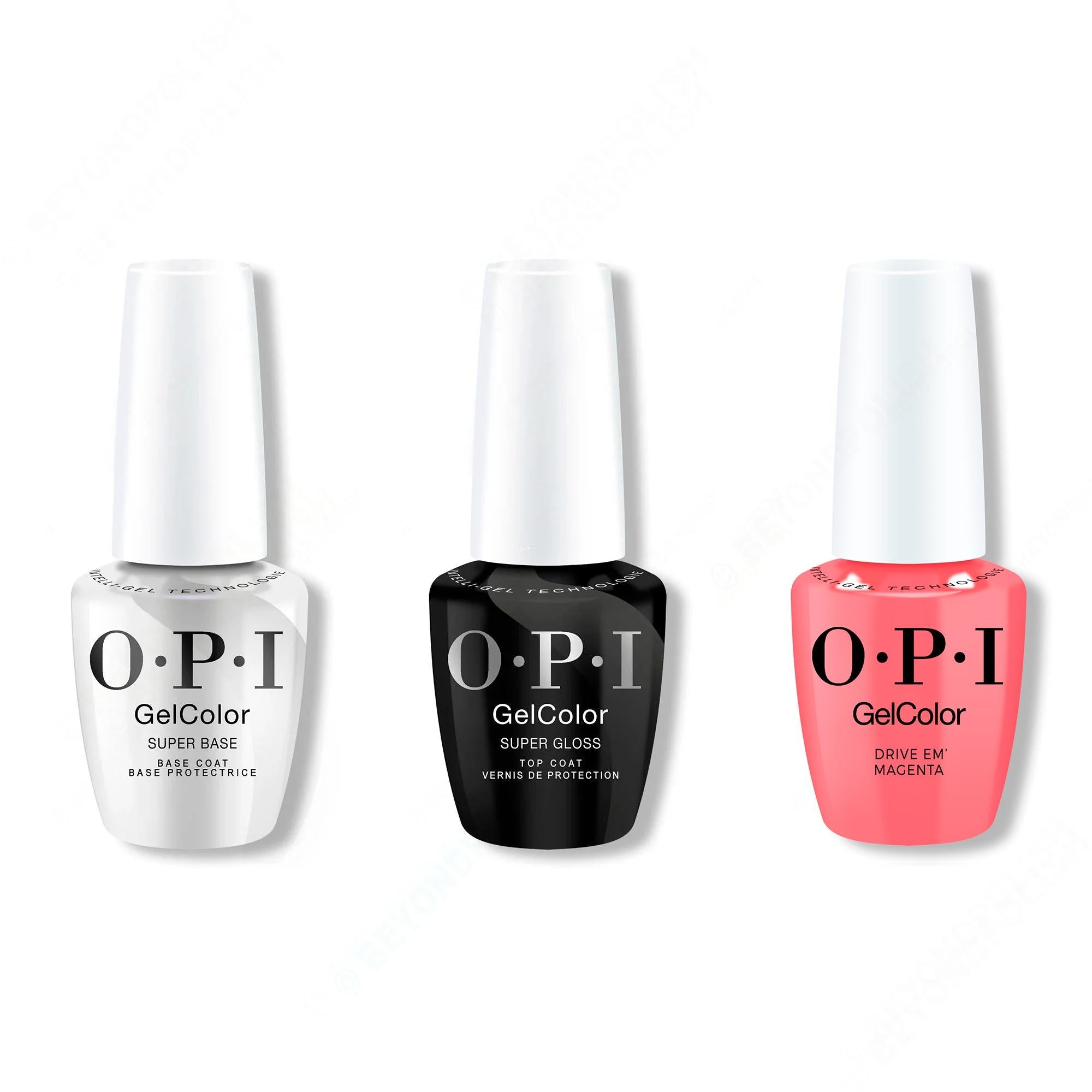 OPI GelColor Intelli-Gel Combo - Super Base Coat, Super Gloss Top Coat & Drive 'Em Magenta - Salon Quality