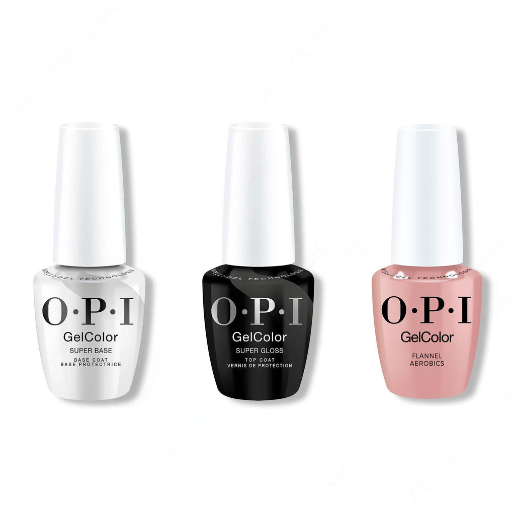 OPI GelColor Intelli-Gel Combo - Super Base Coat, Super Gloss Top Coat & Flannel Aerobics - Salon Quality
