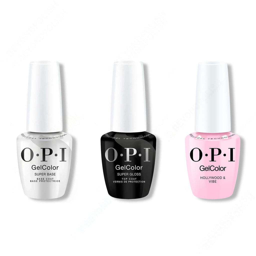 OPI GelColor Intelli-Gel Combo - Super Base Coat, Super Gloss Top Coat & Hollywood & Vibe 0.5 Oz - Salon Quality