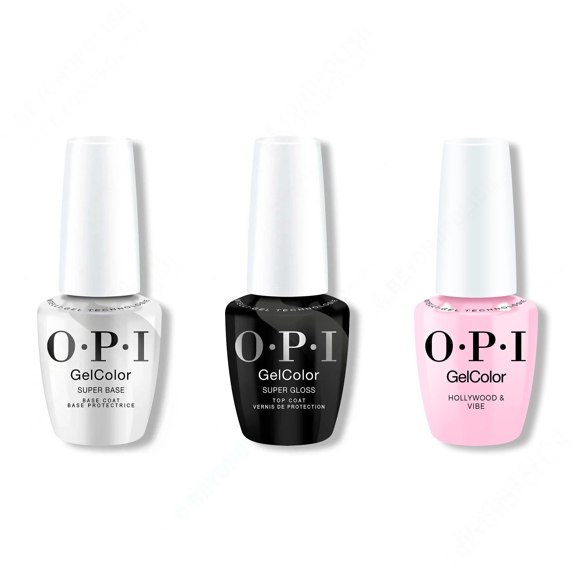 OPI GelColor Intelli-Gel Combo - Super Base Coat, Super Gloss Top Coat & Hollywood & Vibe 0.5 Oz - Salon Quality