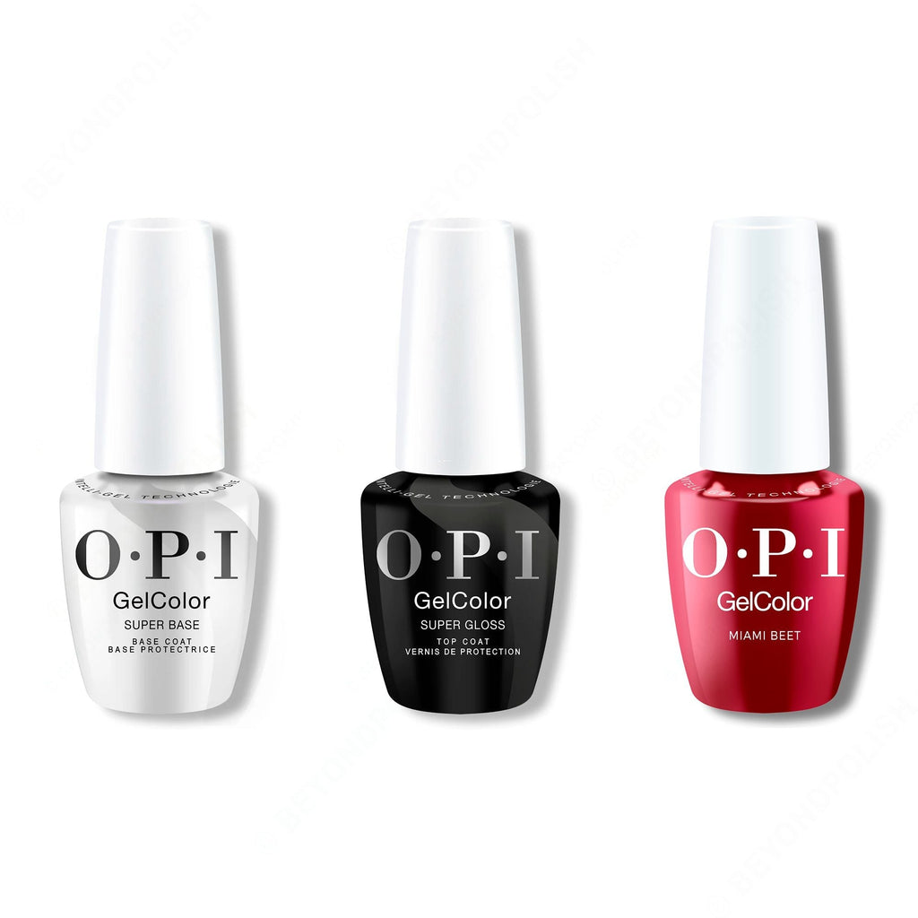 OPI GelColor Intelli-Gel Combo - Super Base Coat, Super Gloss Top Coat & Miami Beet - Salon Quality
