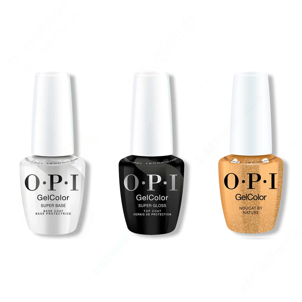 OPI GelColor Intelli-Gel Combo - Super Base Coat, Super Gloss Top Coat & Nougat by Nature - Salon Quality