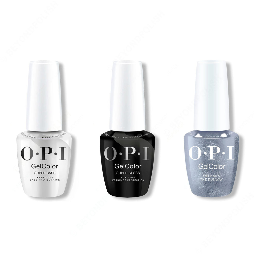 OPI GelColor Intelli-Gel Combo - Super Base Coat, Super Gloss Top Coat & OPI Nails the Runway - Salon Quality