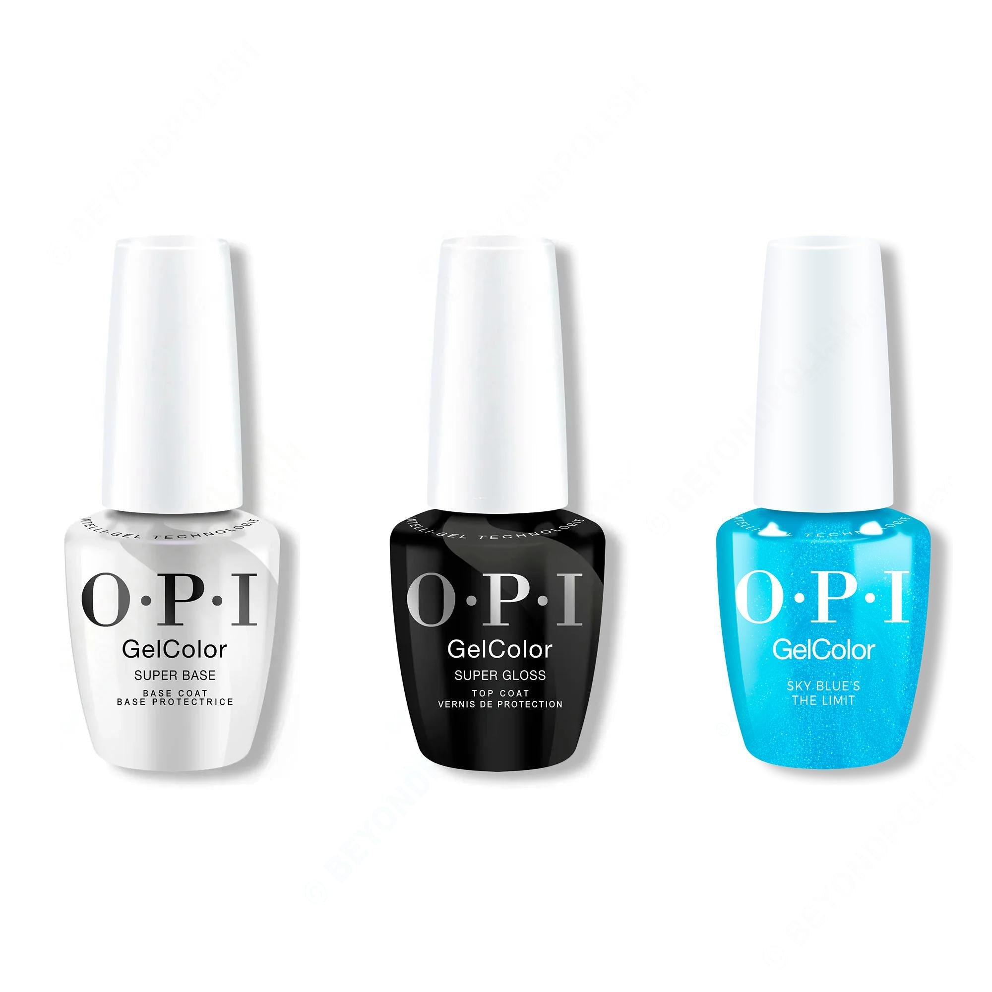 OPI GelColor Intelli-Gel Combo - Super Base Coat, Super Gloss Top Coat & Sky Blue's the Limit - Salon Quality