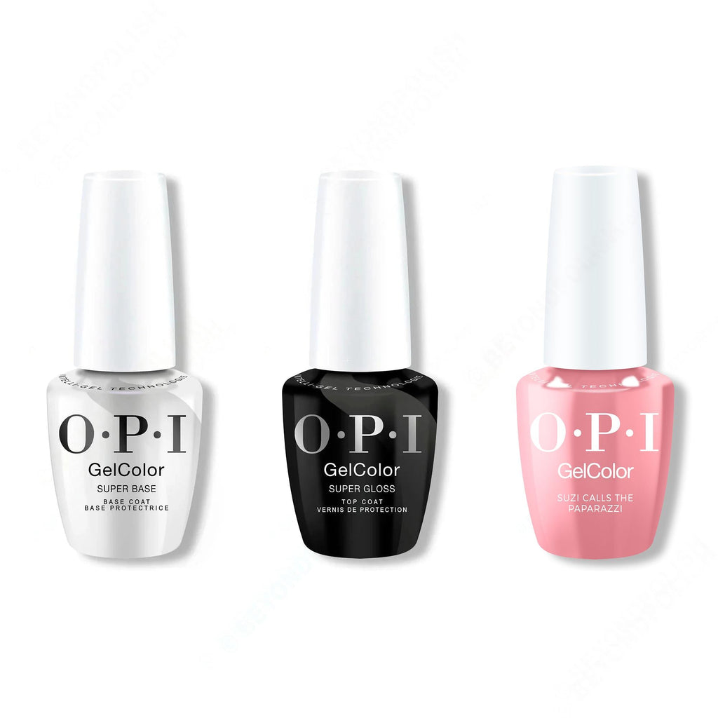 OPI GelColor Intelli-Gel Combo - Super Base Coat, Super Gloss Top Coat & Suzi Calls The Paparazzi 0.5 Oz - Salon Quality