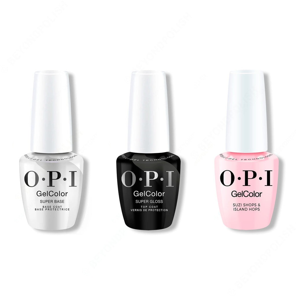 OPI GelColor Intelli-Gel Combo - Super Base Coat, Super Gloss Top Coat & Suzi Shops & Island Hops - Salon Quality