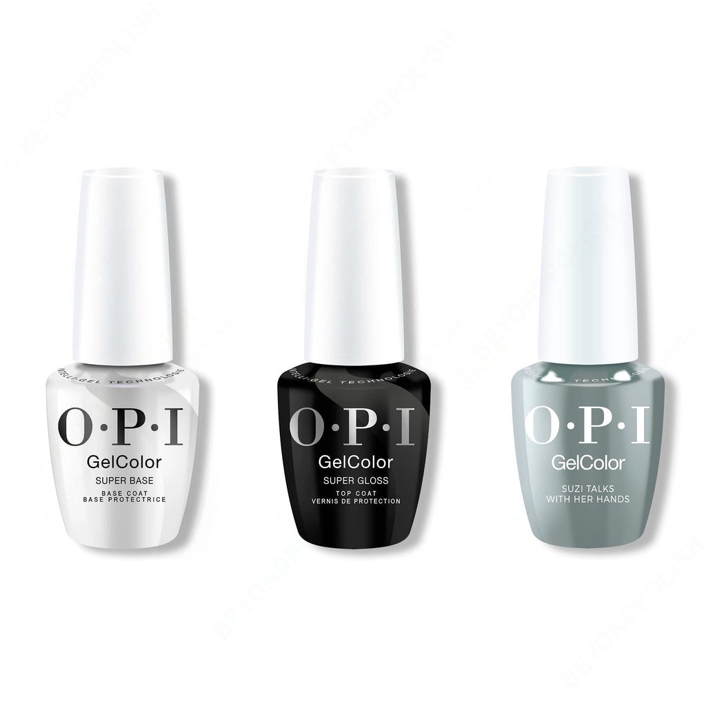 OPI GelColor Intelli-Gel Combo - Super Base Coat, Super Gloss Top Coat & Suzi Talks With Her Hands - Salon Quality