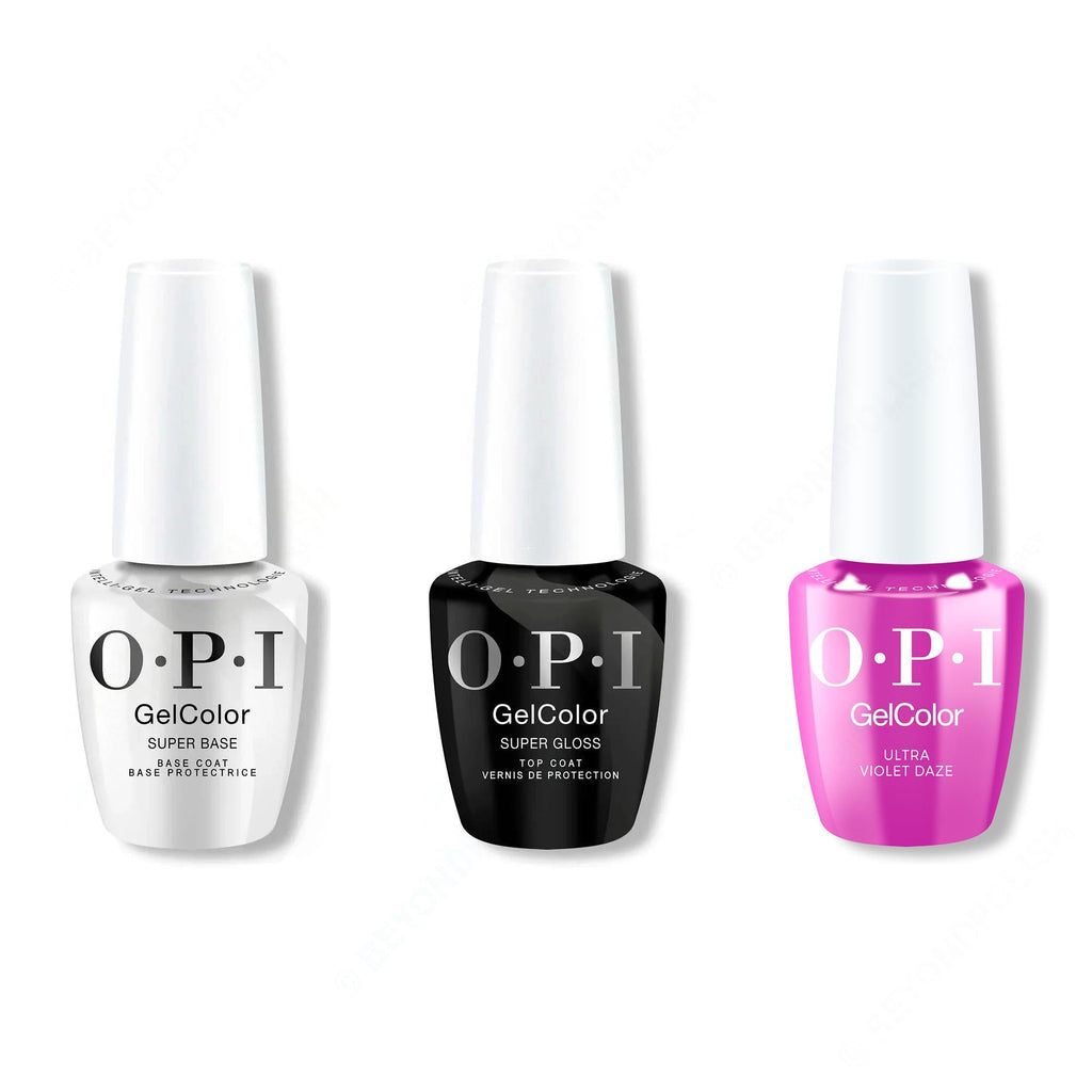 OPI GelColor Intelli-Gel Combo - Super Base Coat, Super Gloss Top Coat & Ultra Violet Daze - Salon Quality